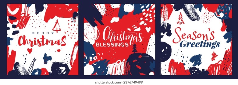 Doodled Merry Christmas square visuals. Vector easy to edit template for Christmas greetings. 
