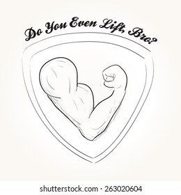 Doodled muscle man arm flexing biceps and triceps in a shield label or logo design.