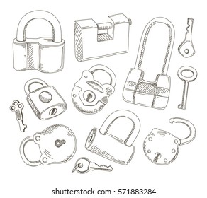 Doodled set of Different Locks and Keys. Vector illustration, EPS 10
