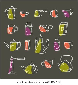 Doodled set of tableware for tea and coffee