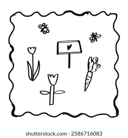 Doodled spring element on a transparent background - flowers, butterfly, carrots. Hand drawn vector sketch clip art. Naive childish art illustration
