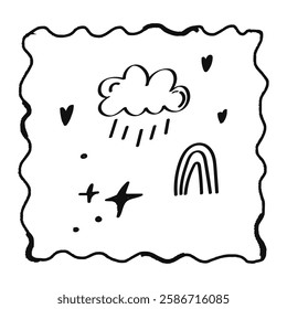 Doodled spring element on a transparent background - rain clouds and rainbows. Hand drawn vector sketch clip art. Naive childish art illustration