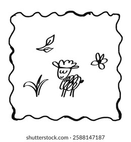 Doodled spring element on a transparent background - sheep, grass and flower. Hand drawn vector sketch clip art. Naive childish art illustration