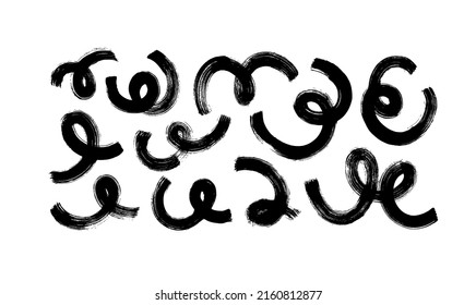 Doodled squiggly vector bold lines set. Black paint wavy bold brush strokes. Dirty curved and twisted lines. Hand drawn ink vintage decoration. Hand drawn vector flourishes, curls and smears