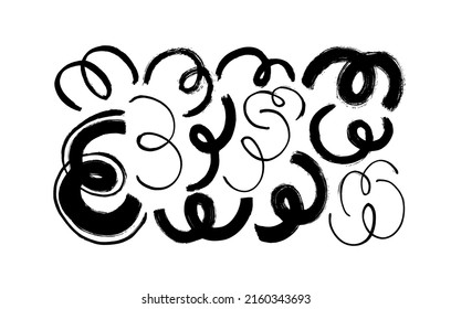 Doodled squiggly vector lines set. Black paint wavy bold brush strokes. Dirty curved and twisted lines. Bold and thin smears. Calligraphic design elements. Hand drawn ink vintage decoration