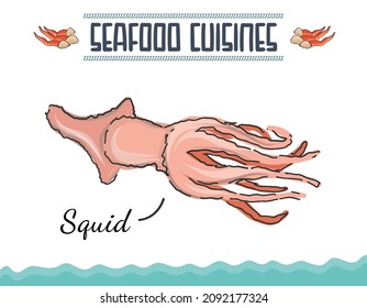 Estilo garabato Ilustración de Squid. Calamar de animales marinos con tentáculos dibujados a mano. Vector de mariscos de calamar y de ilustración de animales oceánicos. ilustración vectorial aislada de estilo garabateado.