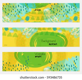 Doodled triangles scribbles green yellow banner set.Hand drawn textures creative abstract design. Website header social media advertisement sale brochure templates. Isolated on layer