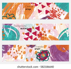 Doodled triangles scribbles red purple banner set.Hand drawn textures creative abstract design. Website header social media advertisement sale brochure templates. Isolated on layer