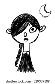 Doodled vector picture with a cute character in black and white.