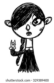 Doodled vector picture with a cute character in black and white.