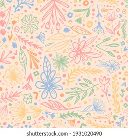 Doodled vector spring summer flowers, plants, dots and hearts as seamless repeat pattern with background.