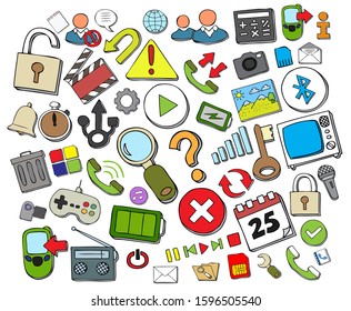 Doodled web and mobile icons collection in colors.  Vector hand drawn eps 10