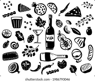 doodled wine and cheese, appetizers fruits nuts items in black color vector illustration graphic set