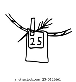 A doodle-drawn illustration for the Advent calendar. The gift bag is suspended on a ribbon with a clothespin. December 25