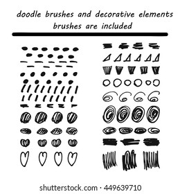 Doodle,ink brushes and hand drawn decorative elements. Grunge style. Brushes are included.