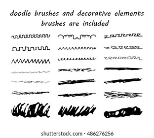 Doodle,ink brushes and hand drawn decorative elements. Grunge style. Brushes are included.