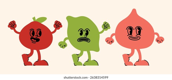 Doodle-inspired collection of line art smiley faces and cheerful characters in a retro hippie mood — vector sticker set and creative design tools