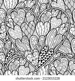 Doodler hearts black and white seamless pattern for coloring book. Love mandala outline background. Creative coloring page for adults and kids. Vector illustration