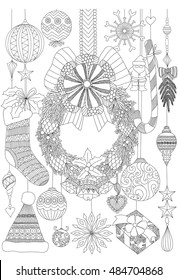 Doodles about Christmas decorative stuffs for adult coloring book pages and Christmas card invitation