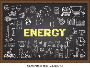 Doodles about energy on chalkboard.. To get things done , we need enough energy to drive our day. Take care your health first to achieve more and be more in life.