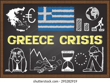 Doodles about Greece crisis on chalkboard.