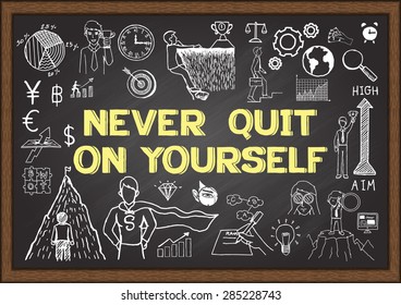 Doodles about NEVER QUIT ON YOURSELF on chalkboard.
