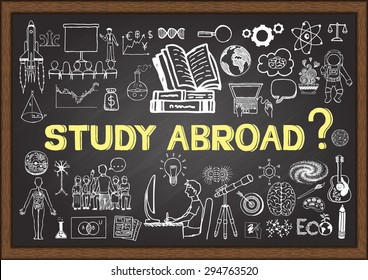 Doodles About Study Abroad On Chalkboard.