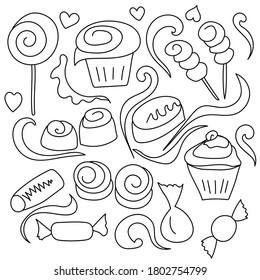 Doodles sobre dulces, caramelos, malvaviscos, quequitos y elementos decorativos en forma de corazones y rizos, ilustración de contorno vectorial para el diseño y la creatividad