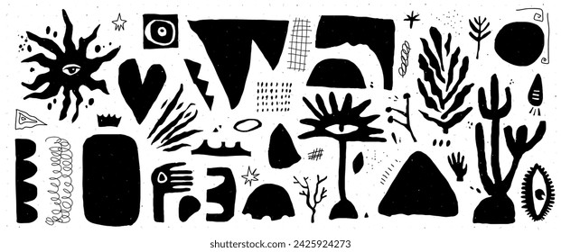 Doodles with abstact shapes. Hand drawn scribble with plants and punk hand and leaf. Y2k trendy zin art. Vector grunge illustration. New school. 