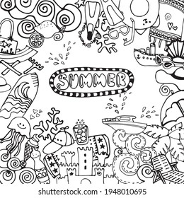 Doodles abstract decorative summer vector frame. greeting card design