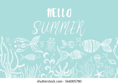 Doodles abstract decorative summer vector frame. Greeting card design. Fish and medusa, seashells and seaweed.