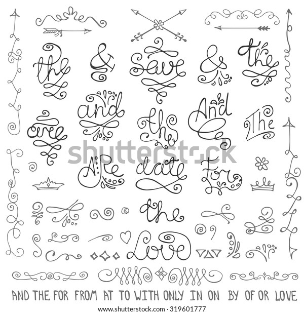Doodles ampersands and\
catchwords,Swirling decor elements,crown,border dividers and\
arrows.Hand drawn Vector for holiday,wedding invitation ,Vintage\
logo,certificate\
card,menu.Illustration