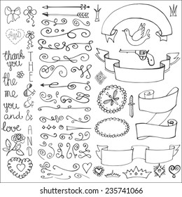 Doodles arrow,hearts,crown,love decor element set.For design template,invitation. Children hand drawing style. For wedding,Valentine day,holiday,Easter,birthday.Vector