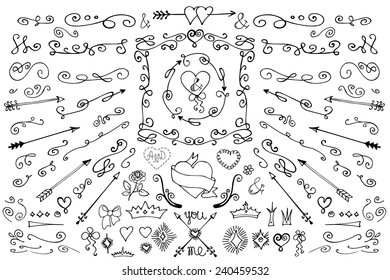 Doodles arrow,hearts,crown,love decor element set.For design template,invitation. Children hand drawing style. For wedding,Valentine day,holiday,Easter,birthday.Vector