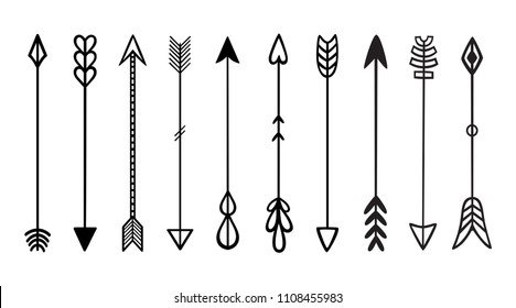 Doodles arrows. Set of black hipster hand drawn tribal vector elements. For print, poster, greeting card