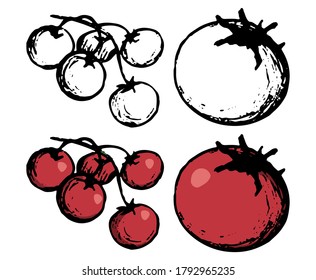 Doodles of autumn harvest vegetables. Realistic sketch tomato, сherry tomato. Hand drawn vector illustration. Set of black contour and color element isolated on white. For design, decor, prints, card.