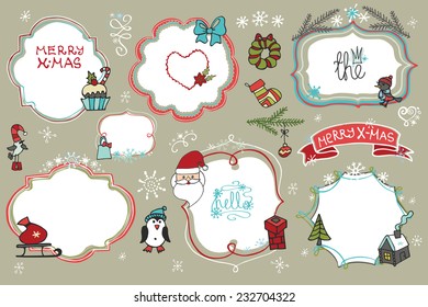 Doodles Badges,labels ,frames with santa faces,snowflakes,holiday icons.Humor Christmas,new year set.For design templates,invitations,card. Children's hand drawing style. Winter Vector
