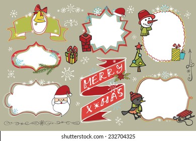 Doodles Badges,labels ,frames with santa faces,snowflakes,holiday icons.Humor Christmas,new year set.For design templates,invitations,card. Children's hand drawing style. Winter Vector