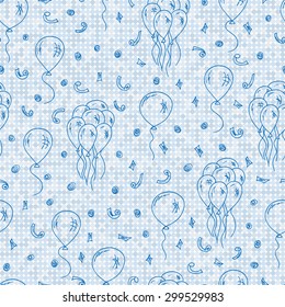 Doodles Balloons and confetti - vector seamless pattern. Blue Holiday background.