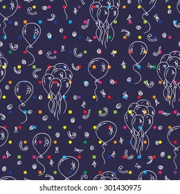 Doodles Balloons and confetti - vector seamless pattern. Holiday background.