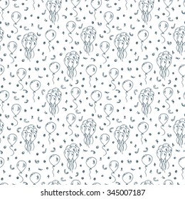 Doodles Balloons and confetti - vector seamless pattern. Black and white Holiday background. Hand Drawn Doodles illustration