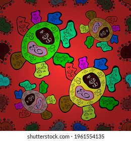 Doodles black, red and green on colors. Seamless Beautiful fabric pattern. Vector.
