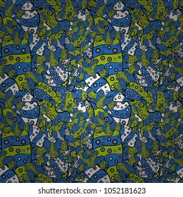 Doodles blue, black and green on colors. Seamless Elegant vector texture with floral elements.