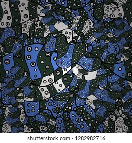 Doodles blue, black and green on colors. Seamless Elegant vector texture with floral elements.