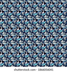Doodles blue, black and white on colors. Fashionable fabric pattern. Vector. Seamless pattern Print.