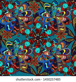 Doodles blue, brown and red on colors. Seamless Elegant vector texture with floral elements.