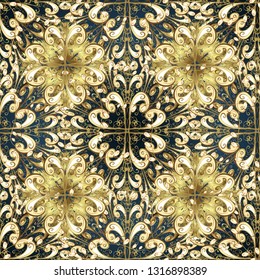 Doodles blue, yellow and beige on colors. Seamless Elegant vector texture with floral elements.