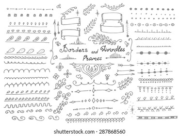 Doodles border vector,arrow,brushes,hearts,love decor elements set.For design templates,invitations. Children's hand drawing style. For weddings,Valentine's day,holidays,baby design,birthday.