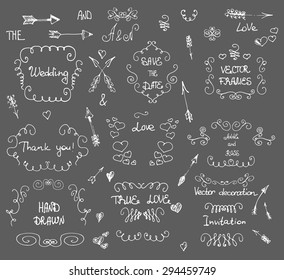 Doodles border vector,arrow,brushes,hearts,love decor elements set.For design templates,invitations. Children's hand drawing style. For weddings,Valentine's day,holidays,baby design,birthday
