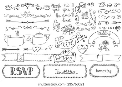 Doodles border,arrow,badges,hearts,ribbon,swirl,love decor elements set.For design templates,invitations.Hand drawing style. For weddings,Valentine day,bridal shower.Vector